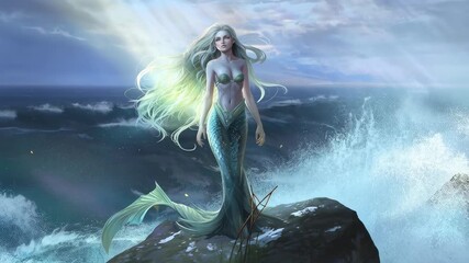 Balancing female mermaid bracing on rocky promontory, sunlight breaking, waves slamming, shell top - Powered by Adobe