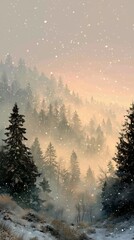 Dreamy mist-covered winter forest illuminated by soft sunset hues with gentle snowfall creating a peaceful magical landscape ideal for holiday backgrounds and winter travel themes