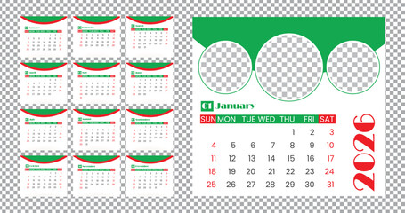 2026 calendar design with monthly layouts and photo frame placeholders