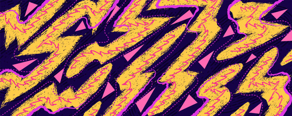 Pop Art Grunge Pattern with Yellow Brush Strokes and Pink Scribble Lines. Hand Drawn Memphis Background for Posters or Banners