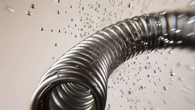 Flexible coil spraying granules and fibers in beige studio as orange glow intensifying near gasket
