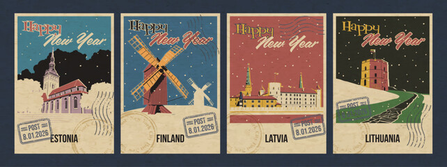 Happy New Year Greeting Cards, European Countries Main Attractions Postcards Retro Style Illustrations. Estonia Olaf Church, Finland Windmills, Latvia Riga Castle, Lithuania Gediminas Tower 