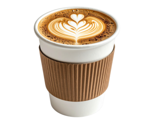 White Disposable Coffee Cup with Heart Latte Art, Front View, isolated on transparent background” (3)