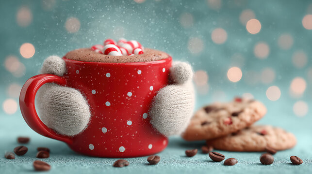 Red mug with hot chocolate and candy canes, held by mittens, with coffee beans and cookies.Warm cocoa mug with candy canes and cookies.New Year banner for a pastry shop and coffee shop.