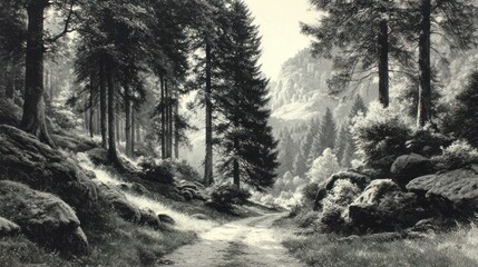 Sepia-toned forest path winds through trees up a mountainside