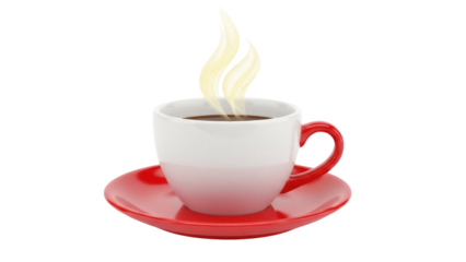 Steaming coffee in a white cup on a red saucer isolated PNG, hot beverage for breakfast or break time on transparent background