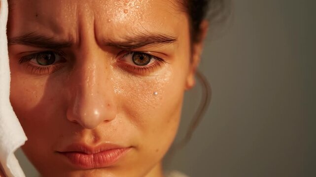 Pressing white cloth to left temple after noticing sweat beads, woman pale-top in room cooling face