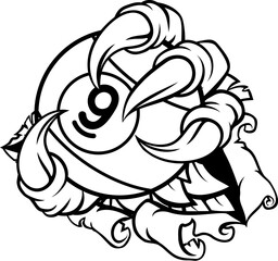 Claw hand nine ball pool billiards sports mascot holding a 9 ball cartoon illustration