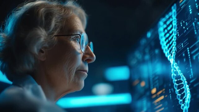 An elderly female lab manager examines a luminous DNA sequence displayed on a screen within a modern bio-industrial laboratory. The blue light creates a futuristic ambiance, highlighting the complexit