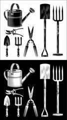 Vintage woodcut style illustration of gardening hand garden tools