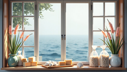 Eco-friendly shop display by the sea with handmade soap and sea products in a tranquil setting