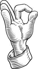 Vintage woodcut style illustration of a chef hand making the OK gesture chefs kiss perfect gesture.