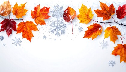 Autumn leaves on a snowy branch with snowflakes scattered on a white background; upper border image