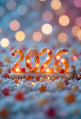 2026 formed from glowing candy pieces gummy stars caramel swirls and jelly drops with pastel bokeh