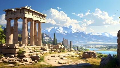 Ancient ruins stand against a backdrop of mountains, trees, and a clear blue sky with fluffy white clouds