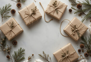 Christmas gifts wrapped in craft paper with pine branches cones and dried botanicals in warm tones