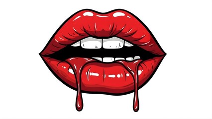 Illustration of glossy red lips slightly open showing teeth with dripping liquid isolated on white background
