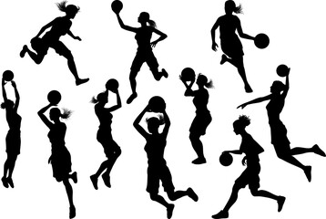 Fototapeta premium Silhouettes of women female basketball players in action. Set of dynamic poses including dribbling, shooting, and dunking. Ideal for sports graphics, design, or educational use.