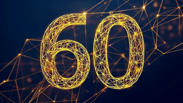 Animating golden 60 wireframe growing denser in navy, frame flow driving bright nodes and ribbon