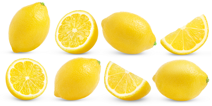 Whole lemon, slice of lemon and half of lemon with clipping path without shadows. Lemons isolated collection, with shadows.