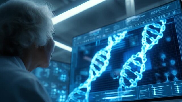 A senior lab manager in a modern bio-industrial lab, intently observing a DNA sequence on a screen with a blue light glow.