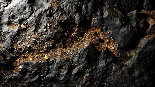 Panning camera revealing sinuous gold vein in rock at mine, exposing gold flakes and nuggets