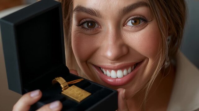 Bringing woman wearing light blazer presenting black jewelry box at home, showing gold pendant