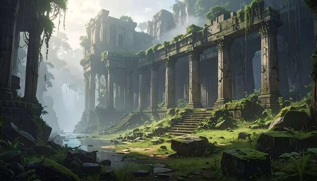 Ancient stone colonnade structure overgrown with lush vegetation, a ruined architectural relic nestled in a verdant jungle