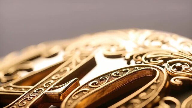 Starting rig, camera pulling back to reveal gold numeral 40 on medallion in studio showing filigree