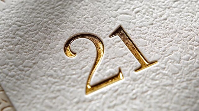 Tightening camera framing embossed numerals 21 on textured white card, revealing gold foil grain