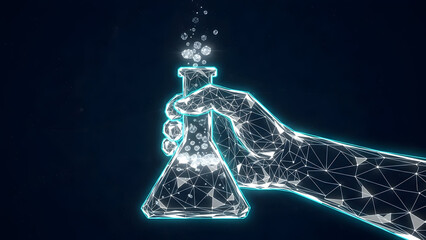 Futuristic scientific breakthrough concept with digital hand holding beaker in a modern lab, promoting innovation and advanced research elegantly