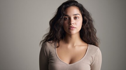 Fototapeta premium A young woman stands poised in a serene studio with soft lighting, her long, wavy hair framing her face beautifully. Her expression is confident and introspective