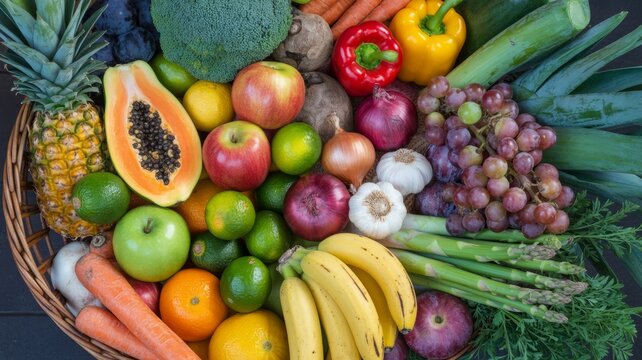 Abundant and colorful assortment of fresh ripe fruits and vegetables artfully arranged in a basket for healthy eating
