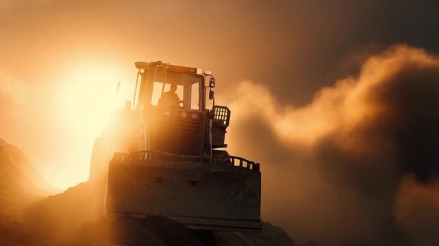 An elderly male bulldozer driver pushes a mound of earth, creating a dust cloud during the golden hour. This powerful machine encapsulates the essence of hard work and determination.