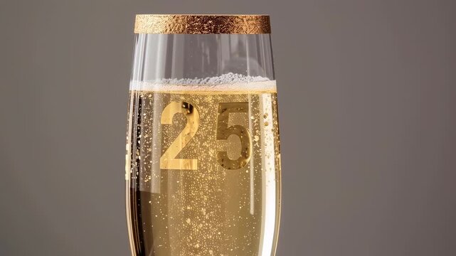 Nucleating tall champagne flute sending steady rising stream in studio, showing gold 25 celebration