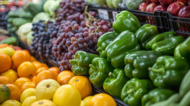 Vibrant display of fresh produce including green bell peppers grapes oranges and apples at a grocery store market stall
