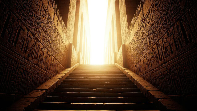 Ancient stone stairway with hieroglyphs leading to bright light