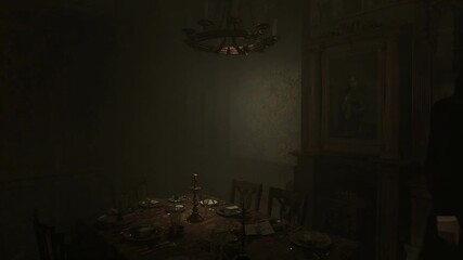 Stepping woman in dark dress moving right past dining room after posture shift, passing candelabrum