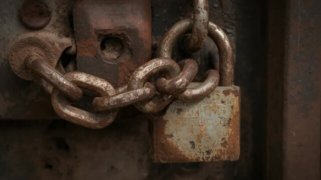 Camera holding close-up rusted square padlock and chain on weathered metal door, documenting decay