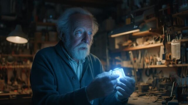 An elderly male inventor showcases a glowing prototype device in a dark, atmospheric workshop, illuminated by dramatic cinematic lighting on his face.