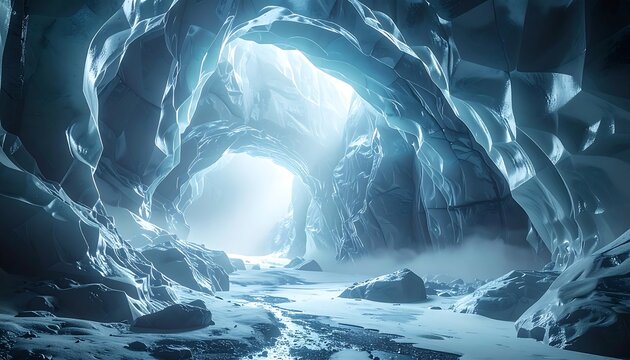 An icy cavern interior, a natural tunnel sculpted from ice, glows with radiant light illuminating the cavern floor