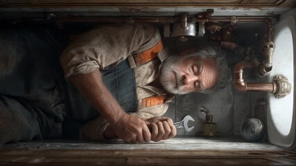 An elderly male plumber is seen lying on his back, tightening a pipe under a sink in a tight space, using a wrench. This footage captures the skilled labor involved in plumbing and the challenges face