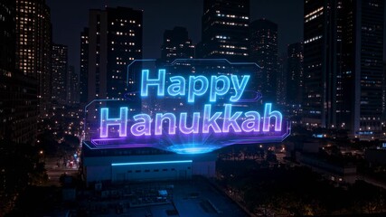 Activating hologram sign reading Happy Hanukkah rotating over city with base for Hanukkah - Powered by Adobe
