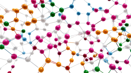 Molecular Network Visualization: A colorful and intricate molecular network floats, symbolizing the interconnectedness of scientific concepts, with spheres linked by lines.
