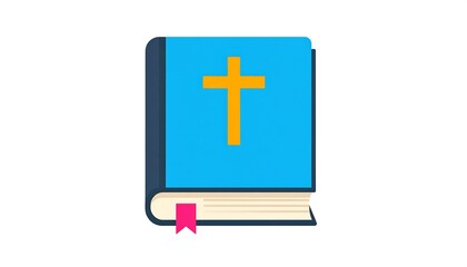 Obraz premium An illustration of a closed book, light blue cover with an orange cross and a pink ribbon bookmark on white