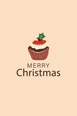 A festive illustration featuring a decorated cupcake topped with holly leaves and berries, paired with a warm “Merry Christmas” message on a soft beige background.