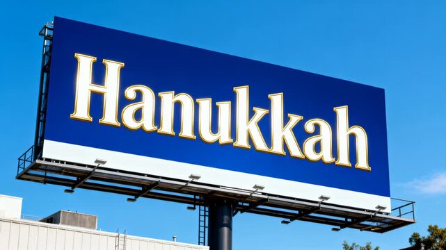 Displaying Hanukkah billboard briefly sparkling from sun glare above roof, pole for holiday