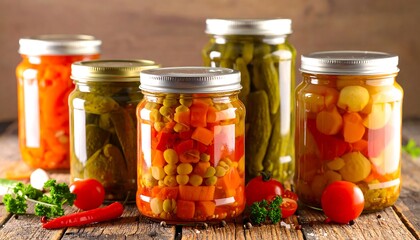 Assorted vegetables preserved in glass jars on rustic wooden surface, with scattered tomatoes & leaves