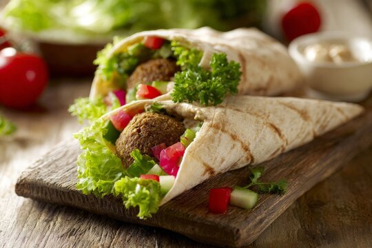 Fresh falafel wraps filled with crisp lettuce, ripe tomatoes, cucumber, parsley, hummus on wooden board.