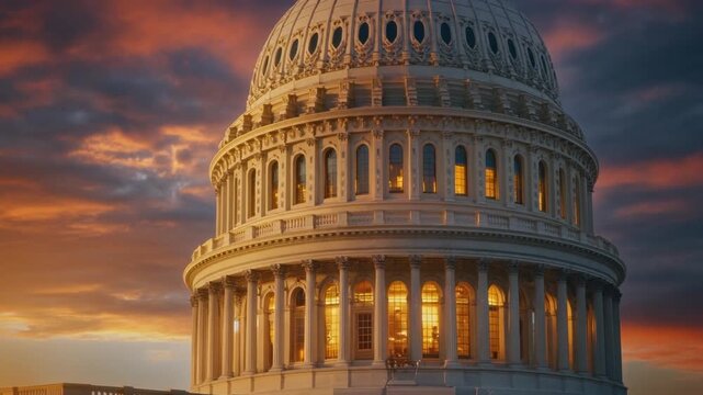 A close-up cinematic view of the U.S. Capitol building dome at sunset footage video